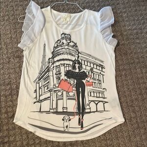 Elegant White Graphic Tee with Ruffle Sleeves